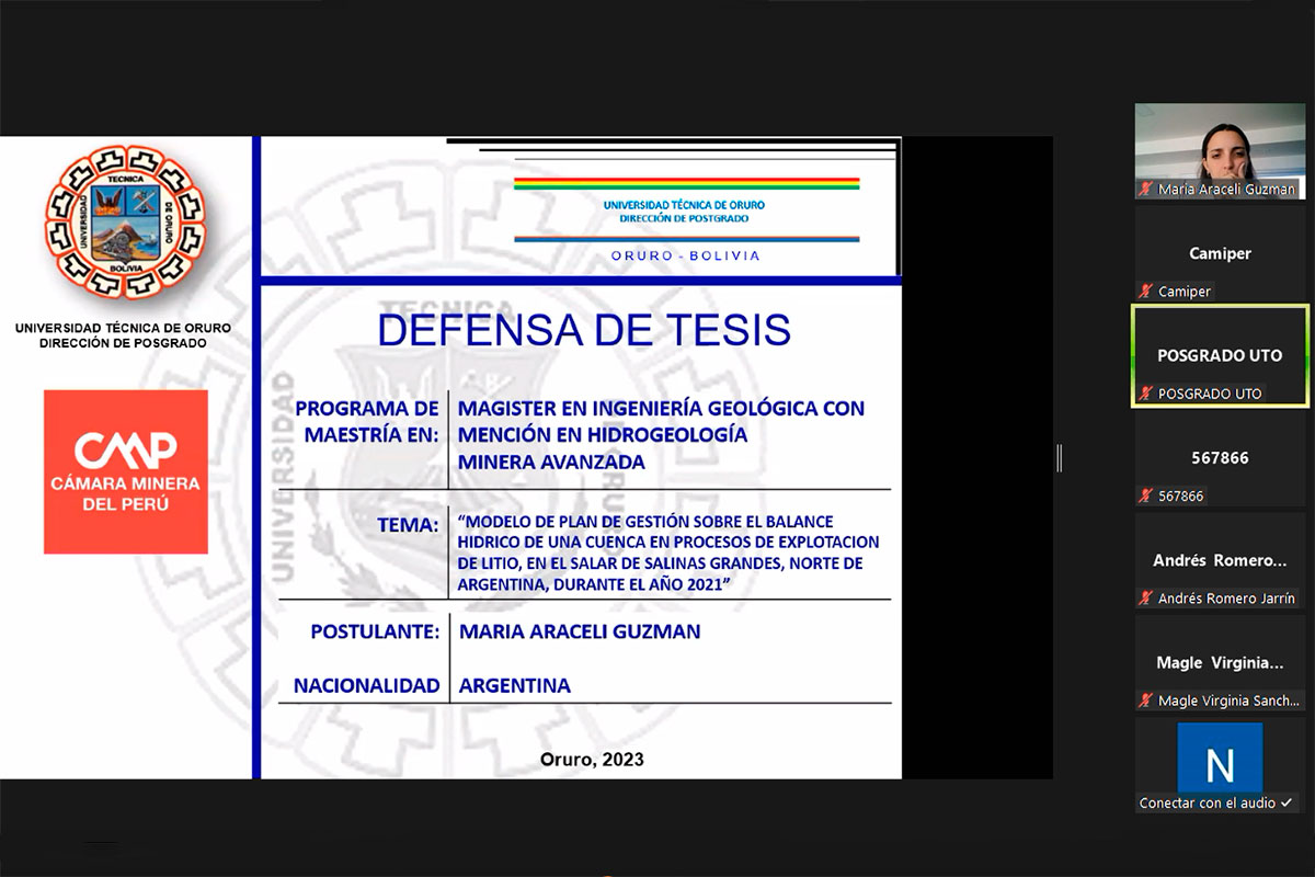Tesis para la maestría en Hidrogeología Minera sustentada con éxito por alumna UTO-Camiper