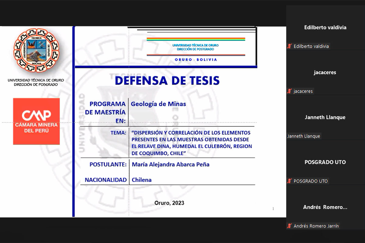 Chilena María Abarca aprueba sustentación de tesis UTO Camiper en Geología de Minas