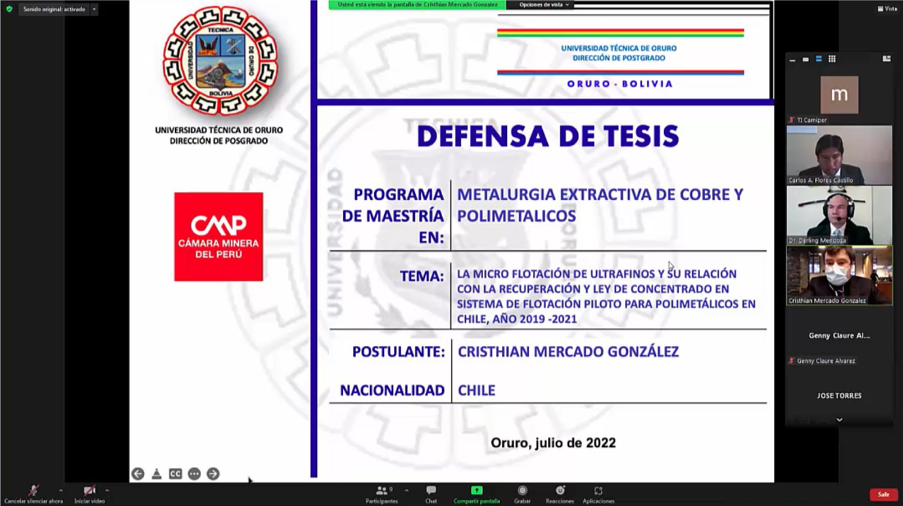 Chileno Cristhian Mercado aprobó tesis de Maestría UTO-Camiper