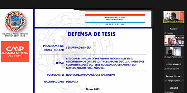 Maestrando UTO Camiper en Seguridad Minera realizó una exitosa defensa de tesis