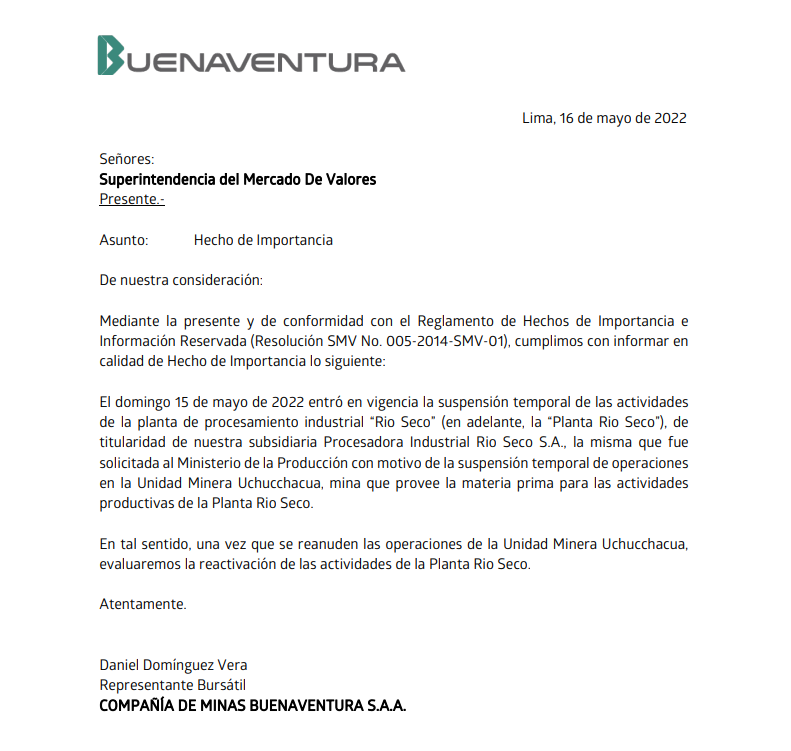 Buenaventura suspende Rio Seco
